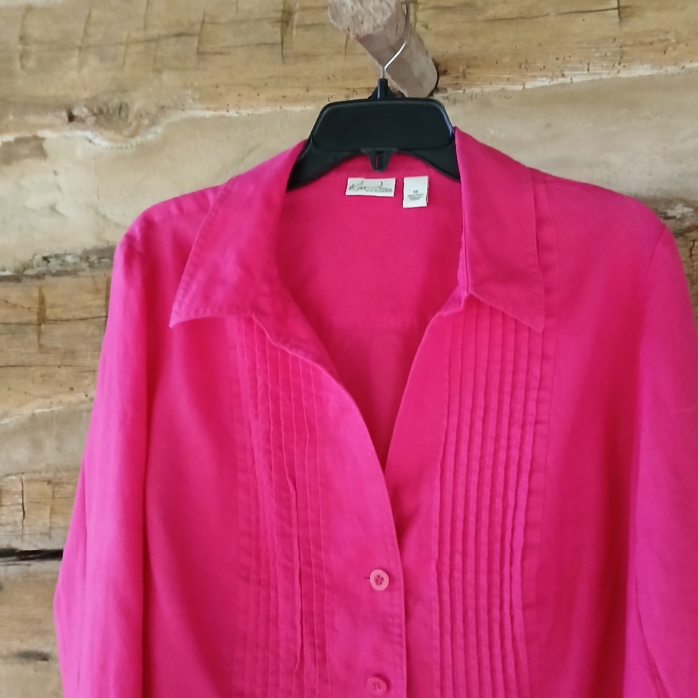 Kim Rogers Fuschia Pintuck 3/4 Sleeve Button Down Linen Shirt Size 1X - Picture 2 of 7